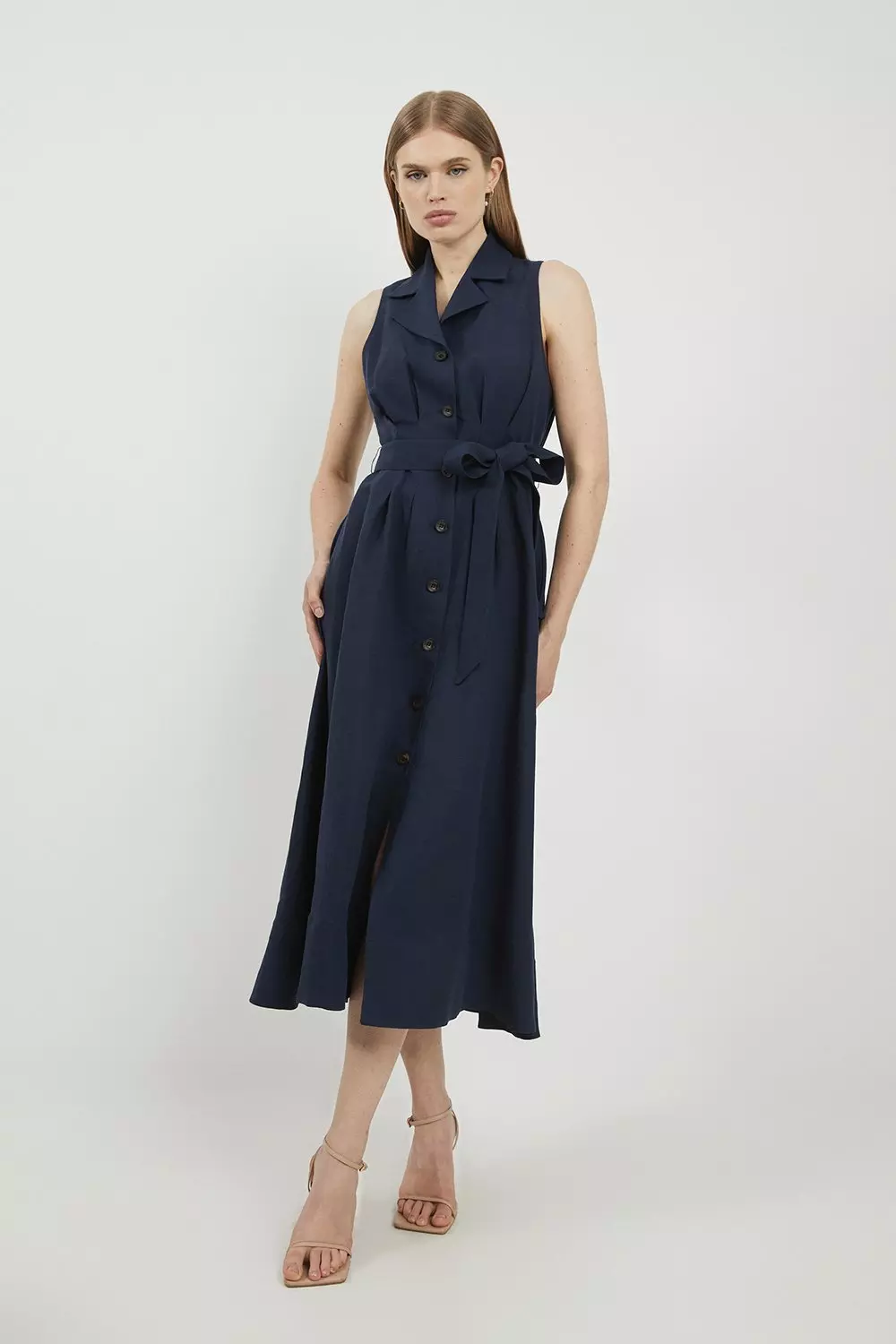 Navy Lydia Millen Premium Linen Tailored Belted Sleeveless Midaxi Shirt Dress alternative image