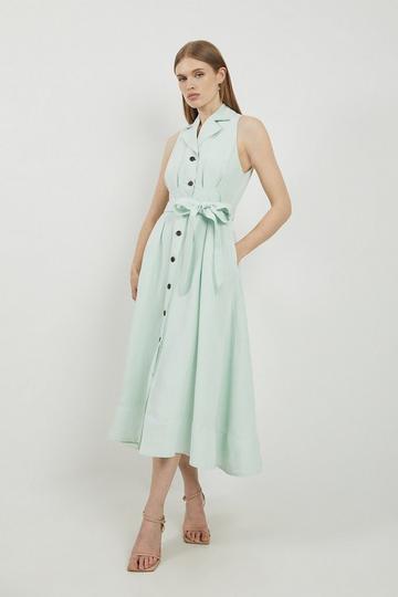 Lydia Millen Premium Linen Tailored Belted Sleeveless Midaxi Shirt Dress sage
