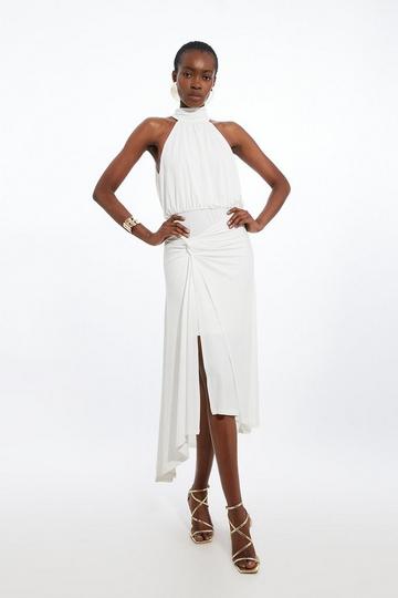 Drapey Crepe Jersey Halter Maxi Dress ivory