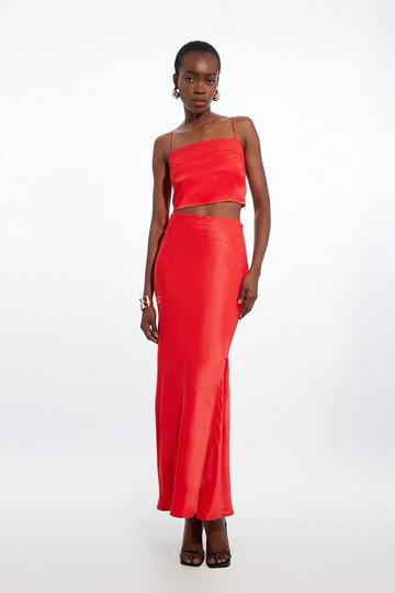 Red Viscose Satin Woven Top And Skirt Set