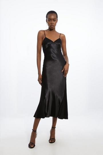 Black Viscose Satin Topstitch Detail Woven Slip Dress