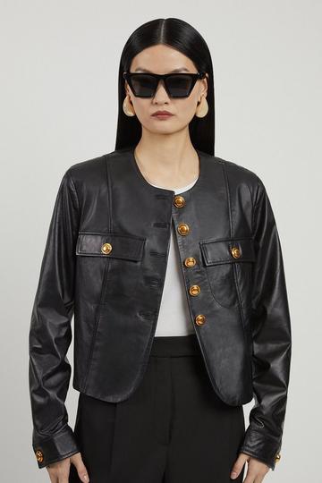 Black Leather Button Through Collarless Jacket