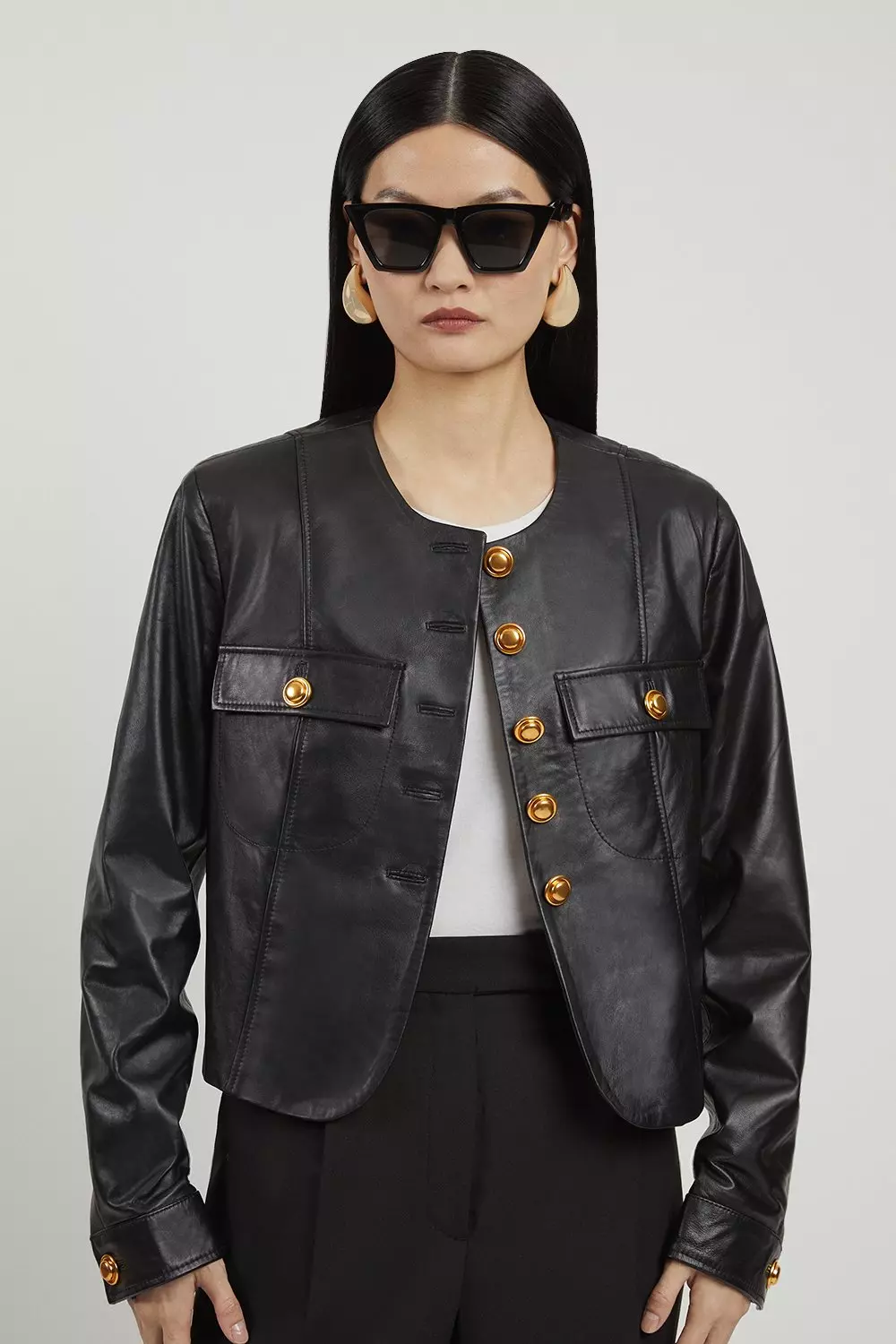 Black faux leather collarless jacket best sale