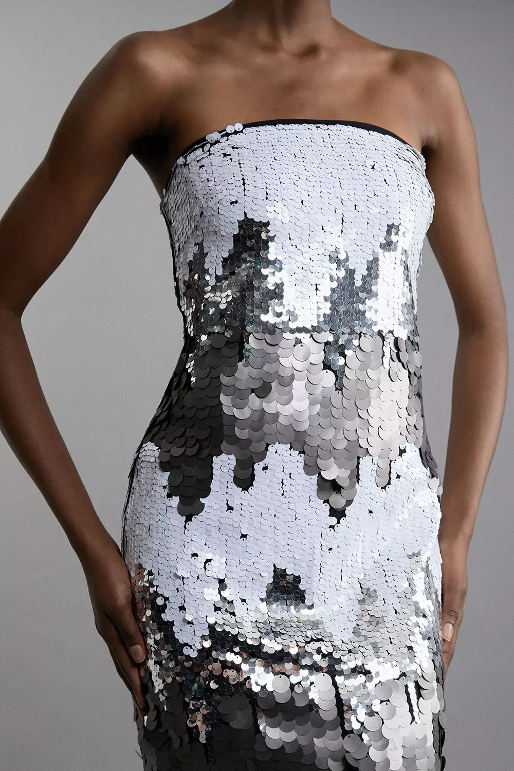 Disc Sequin Bandeau Woven Midi Dress | Karen Millen