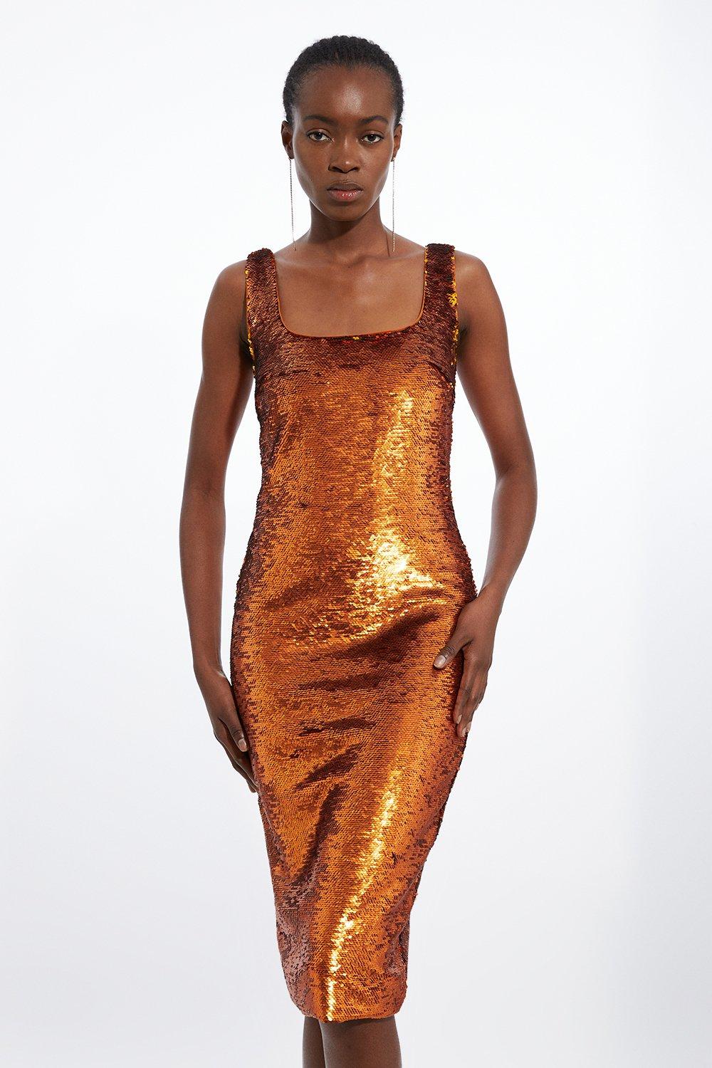 Metallic Sequin Strappy Woven Column Midi Dress | Karen Millen