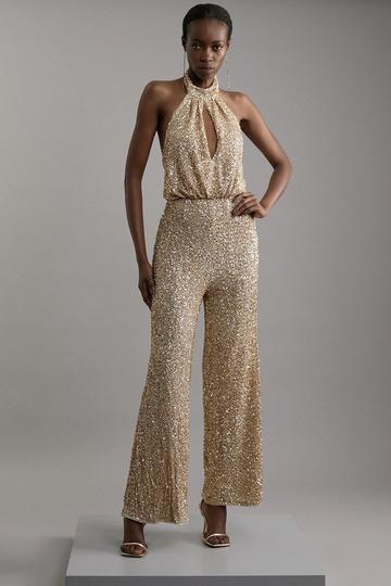 Gold Metallic Halter Jersey Stretch Sequin Wide Leg Jumpsuit