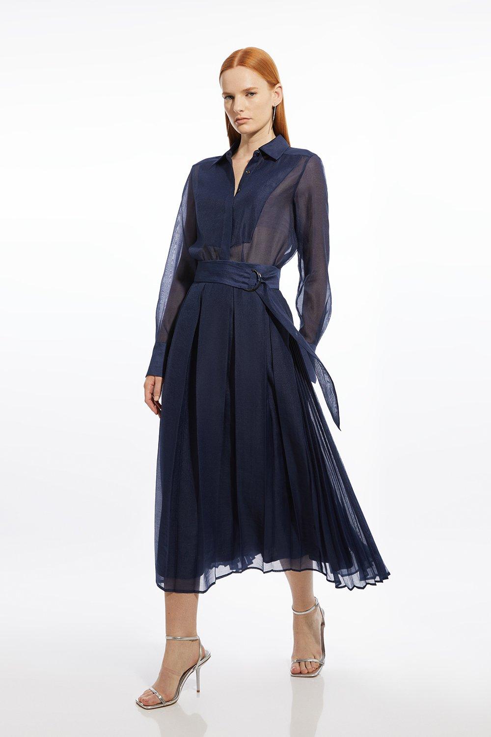 Navy Organdie Pleated Woven Midi Skirt 