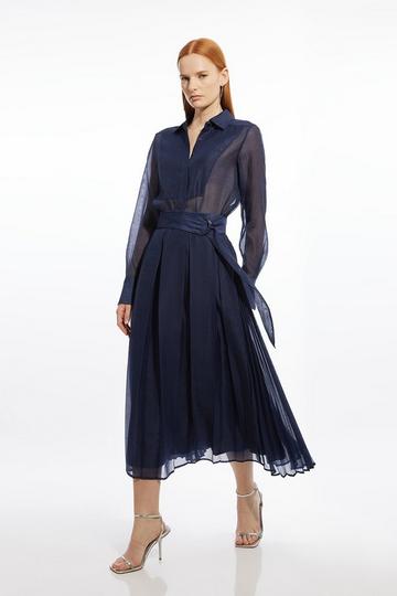 Organdie Pleated Woven Midi Skirt navy