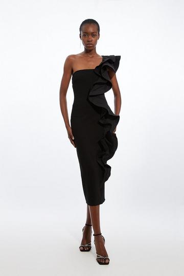 Black Cotton Ponte Jersey Ruffle Detail Midi Dress