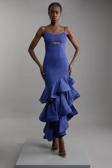 Cotton Ponte Jersey Ruffle Hem Maxi Dress cobalt