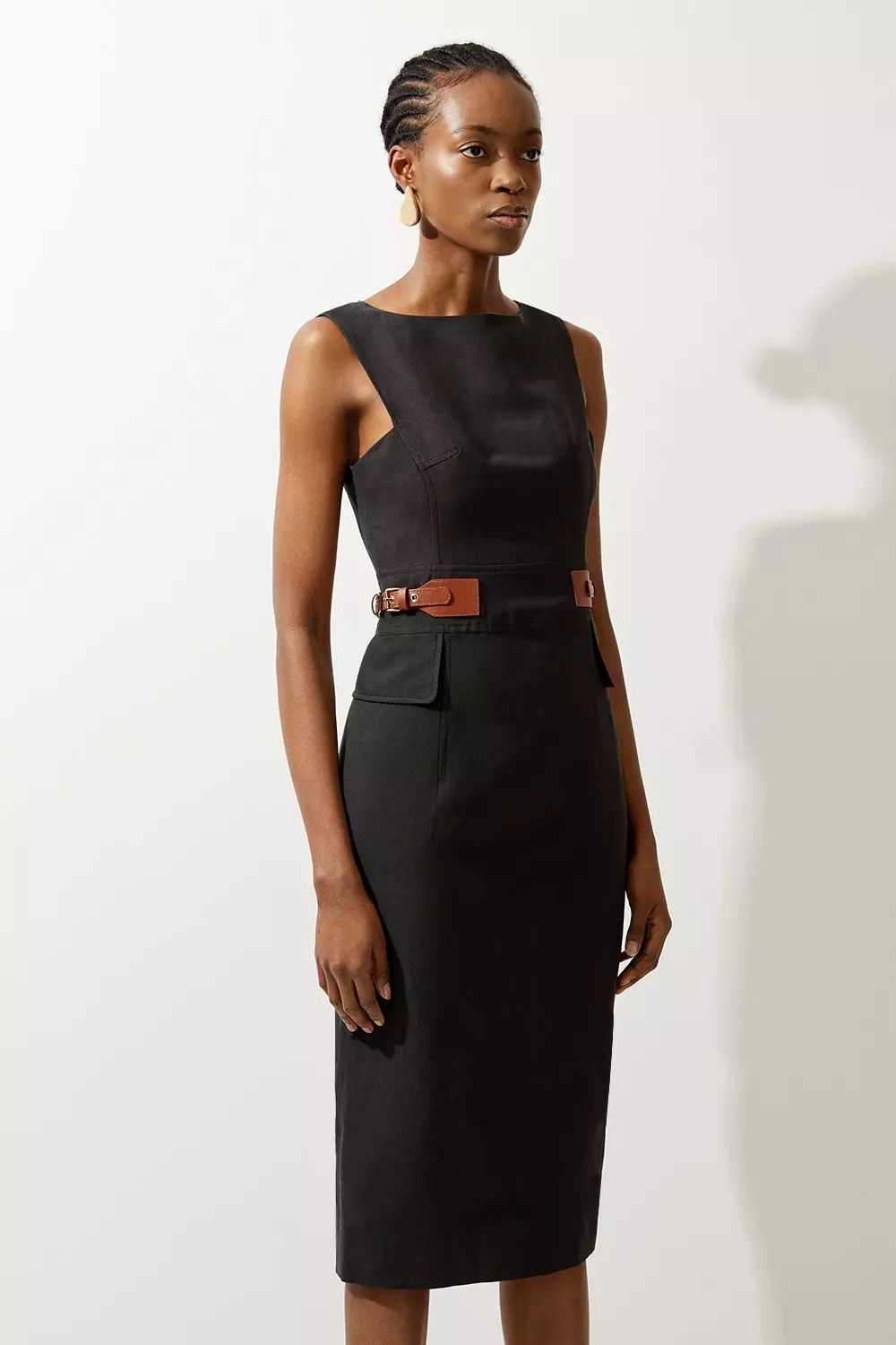 Premium Tailored Linen Tab Waist Pencil Midi Dress | Karen