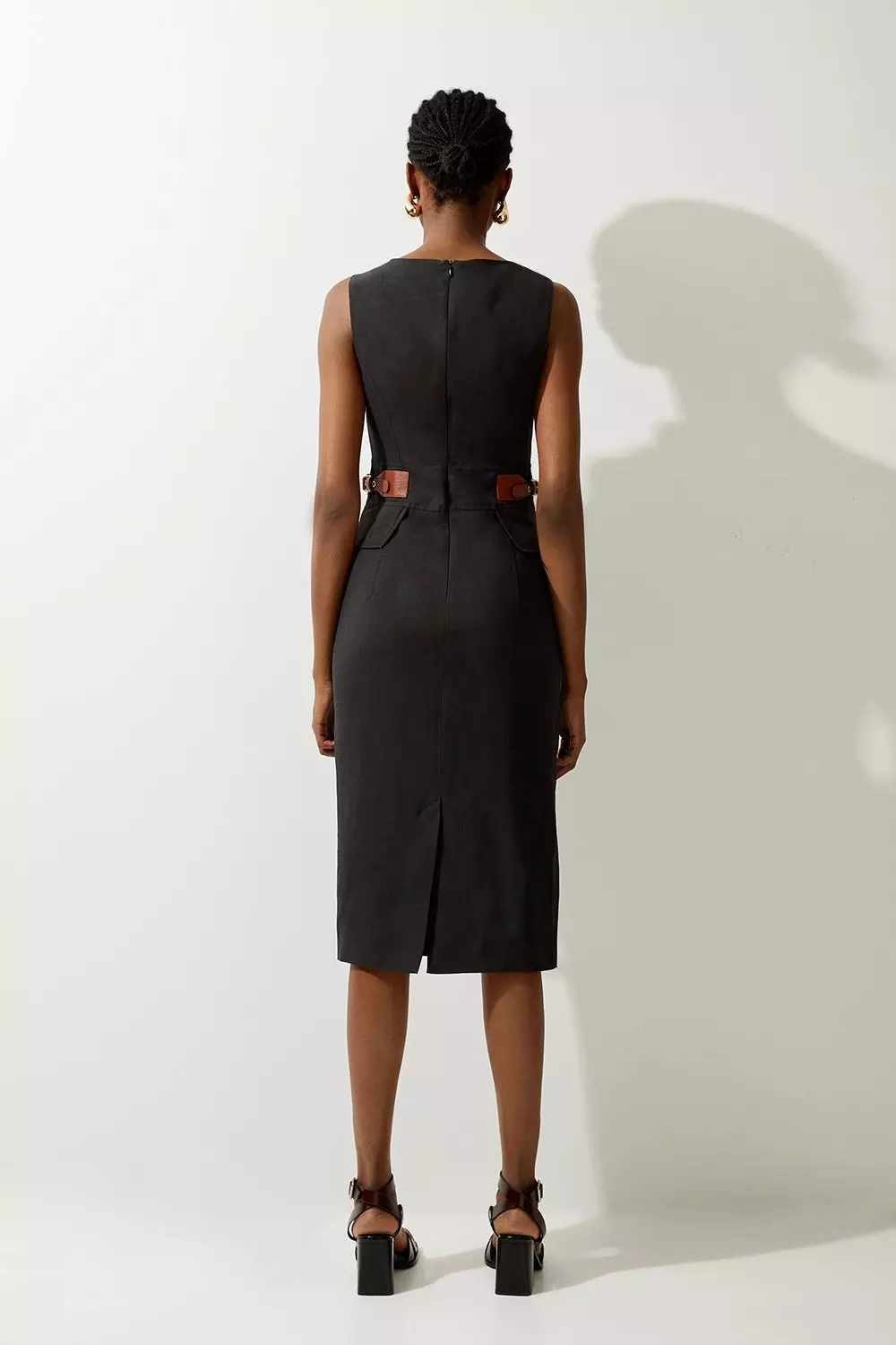 Premium Tailored Linen Tab Waist Pencil Midi Dress | Karen