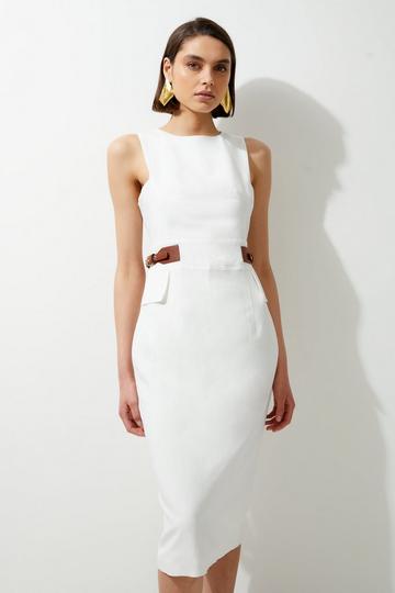 Ivory White Premium Tailored Linen Tab Waist Pencil Midi Dress