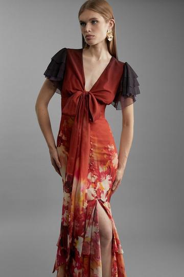 Ombre Floral Ruffle Sleeve Button Through Maxi Dress burnt orange