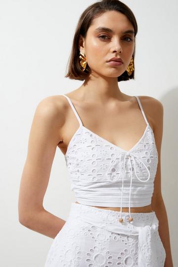 Embroidered Linen Woven Strappy Top ivory