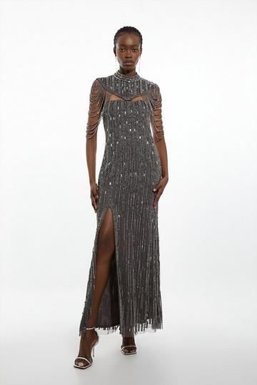 Crystal Embellished Detachable Cape Maxi Dress black