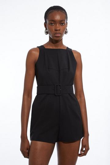 Cotton Sateen Utility Woven Belted Strappy Playsuit black