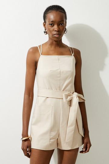 Cotton Sateen Woven Strappy Playsuit stone