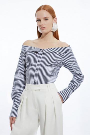 Cotton Poplin Open Neck Button Detail Woven Shirt stripe