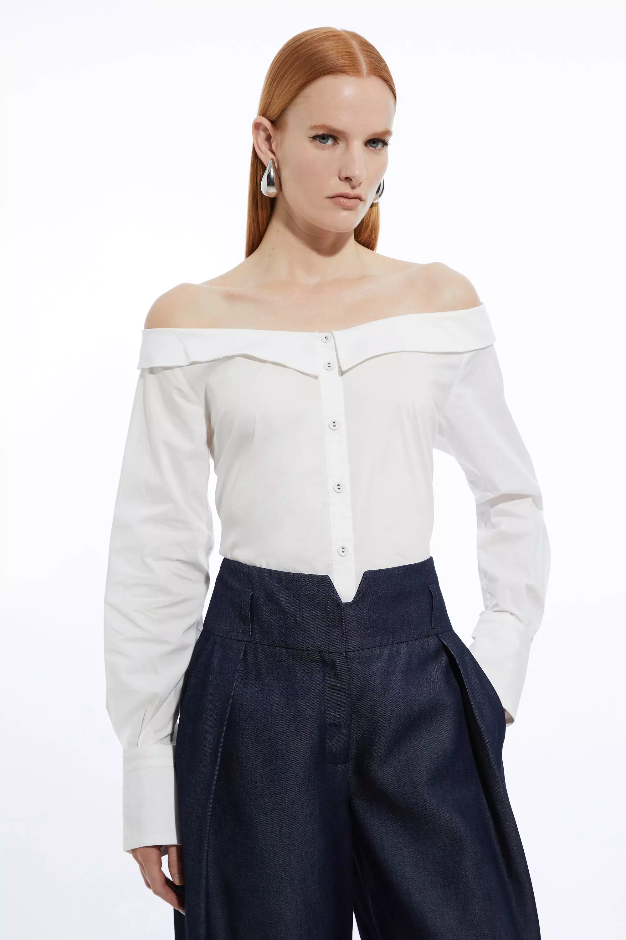 Cotton Poplin Open Neck Button Detail Woven Shirt Karen Millen