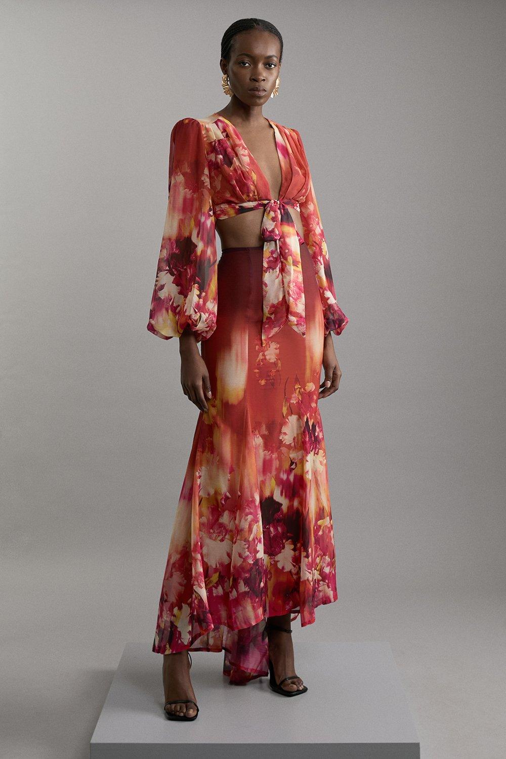 Burnt orange Ombre Floral Woven Crinkle Maxi Skirt