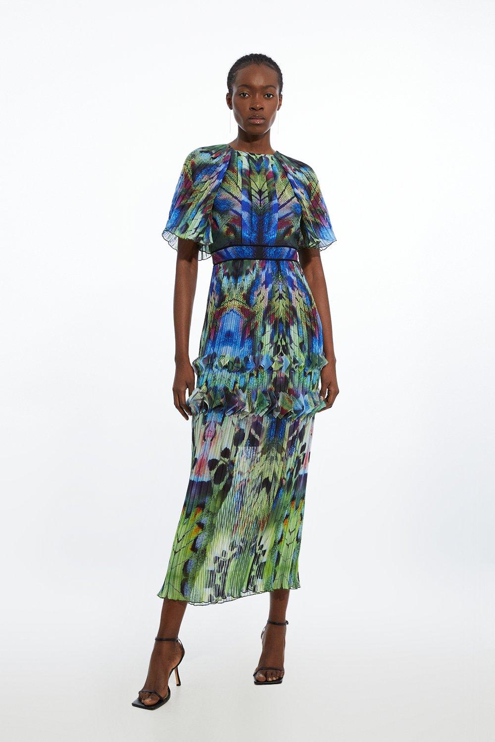 Angel Sleeve Pleat Placed Feather Printed Woven Maxi Dress