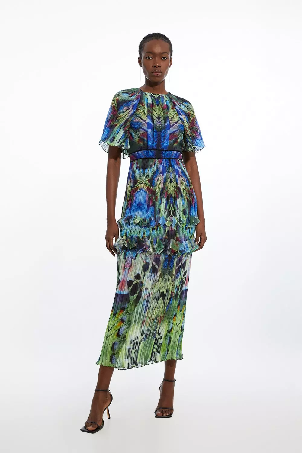 Angel Sleeve Pleat Placed Feather Printed Woven Maxi Dress alternative image