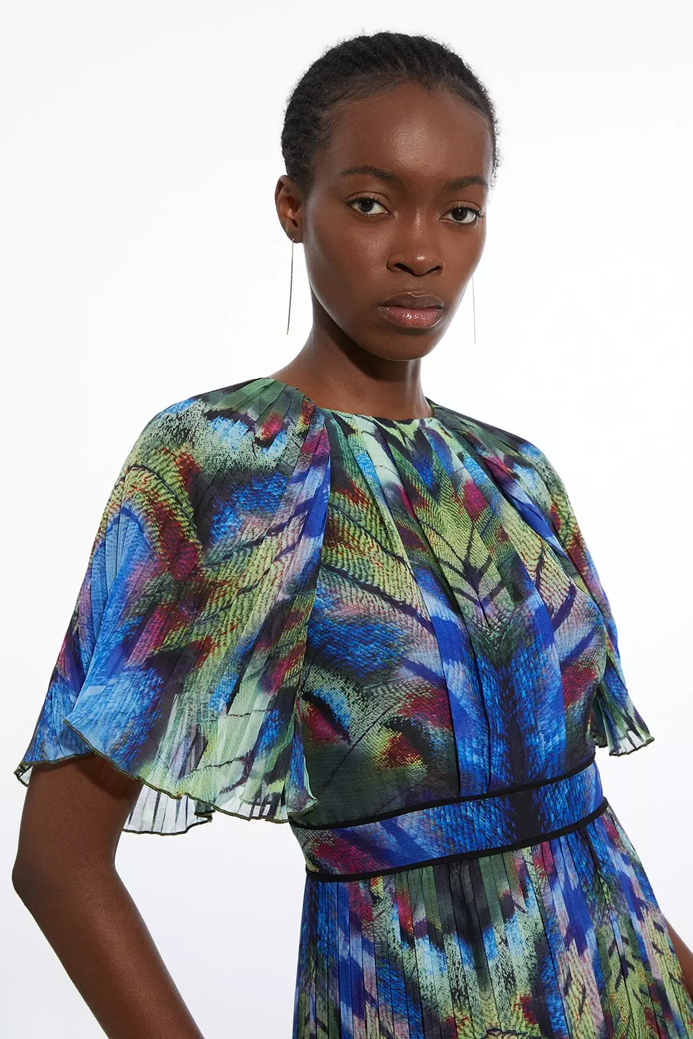 Angel Sleeve Pleat Placed Feather Printed Woven Maxi Dress alternative image
