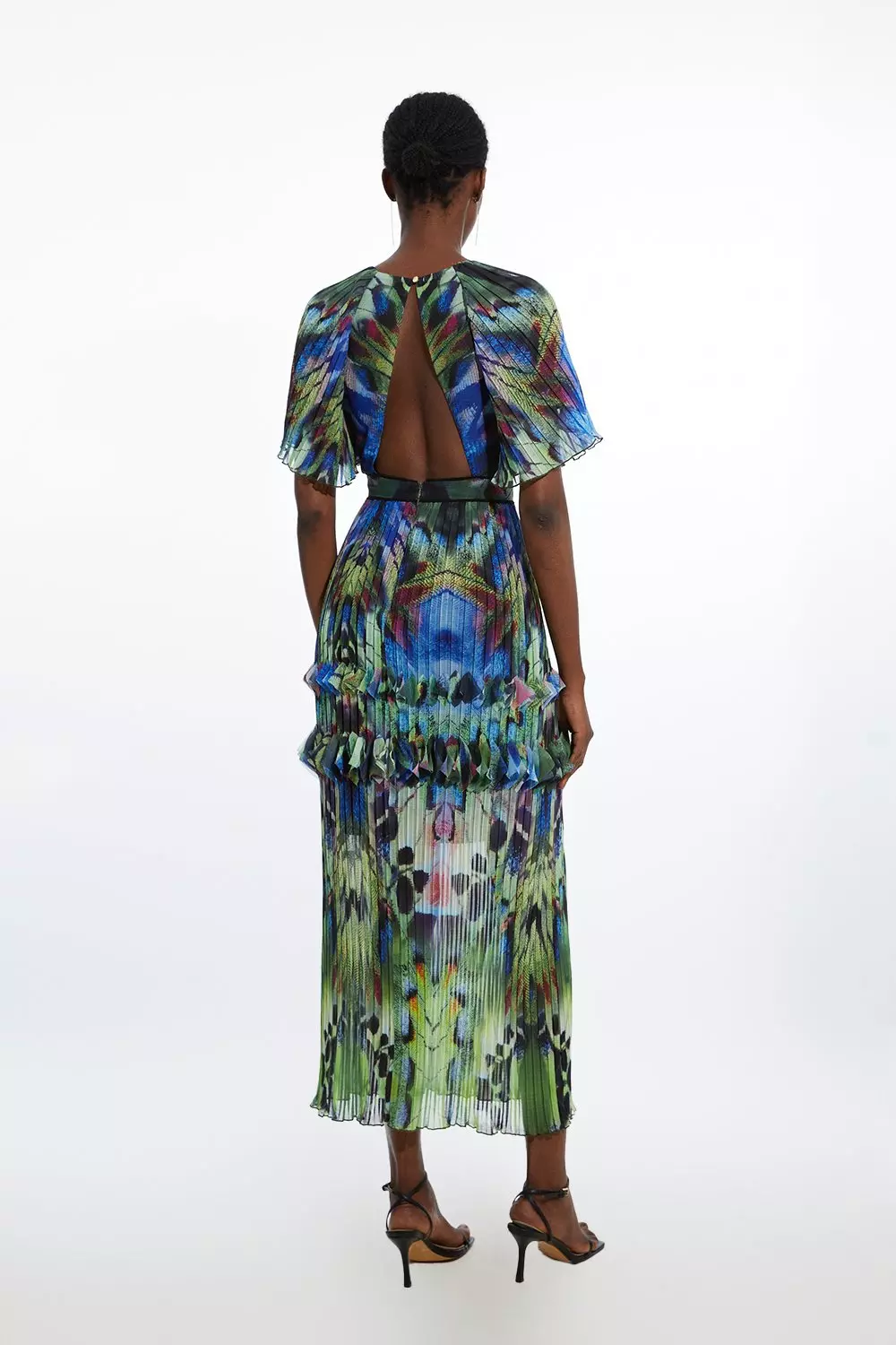 Angel Sleeve Pleat Placed Feather Printed Woven Maxi Dress alternative image