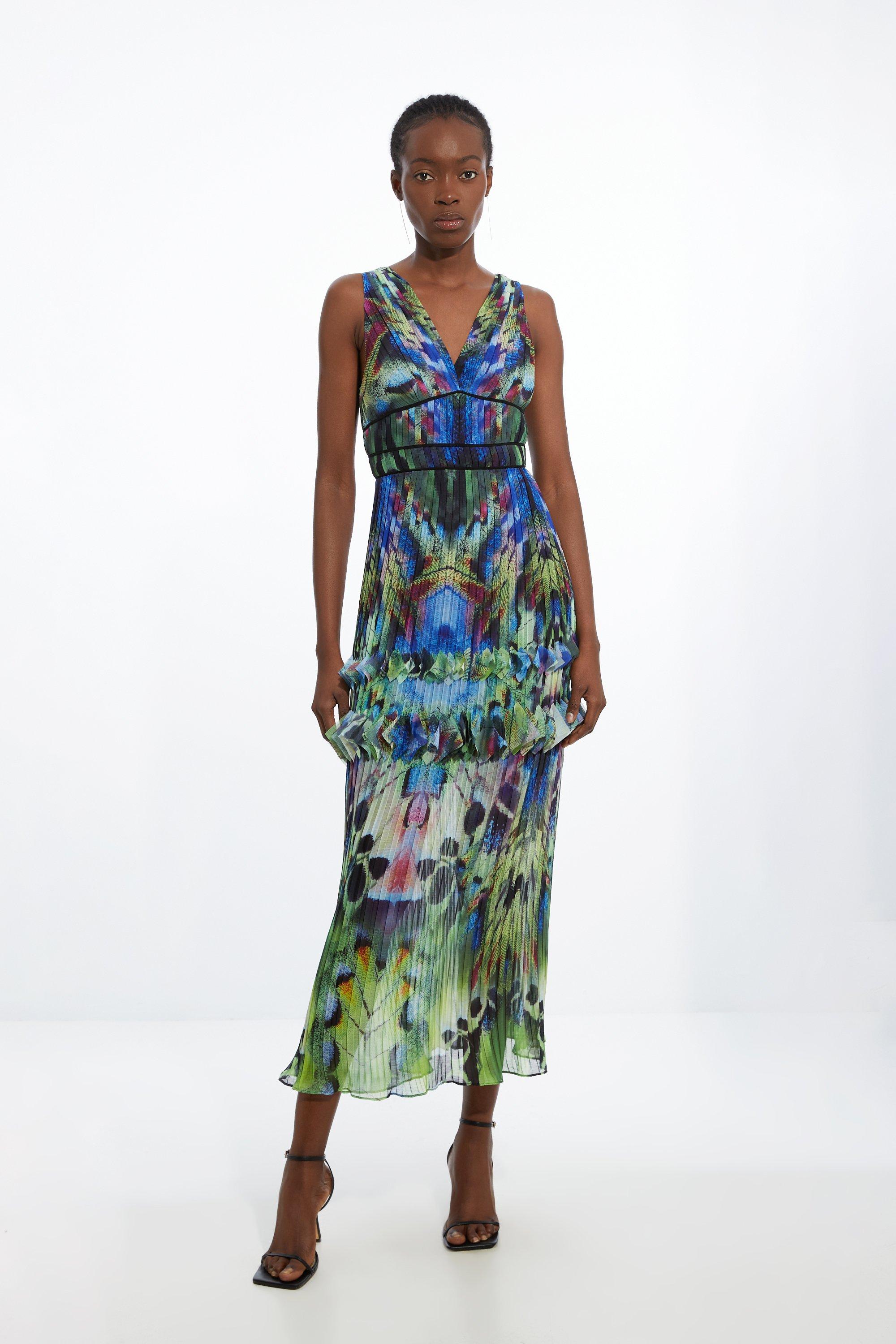 Pleat Placed Feather Printed Woven Maxi Dress - Discount £57