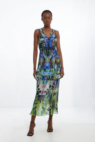 Pleat Placed Feather Printed Woven Maxi Dress multi