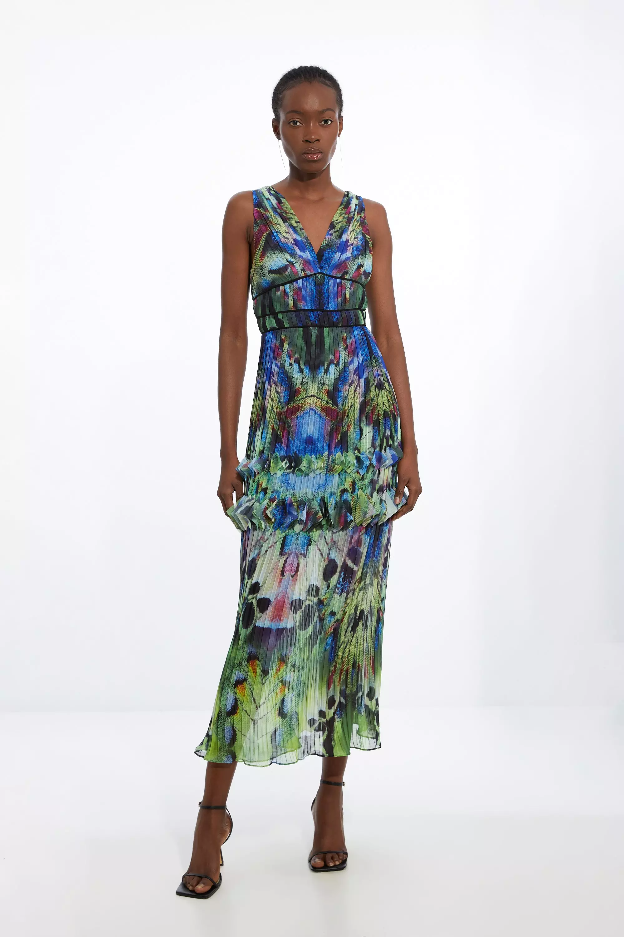 Pleat Placed Feather Printed Woven Maxi Dress Karen Millen