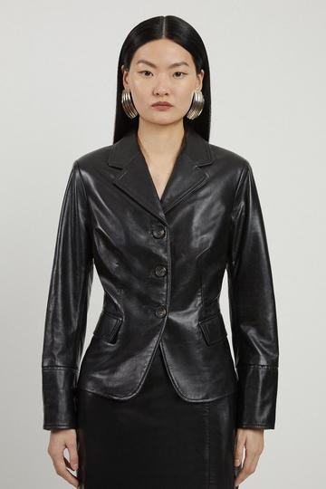 Black Leather Single Breasted Tailored Blazer