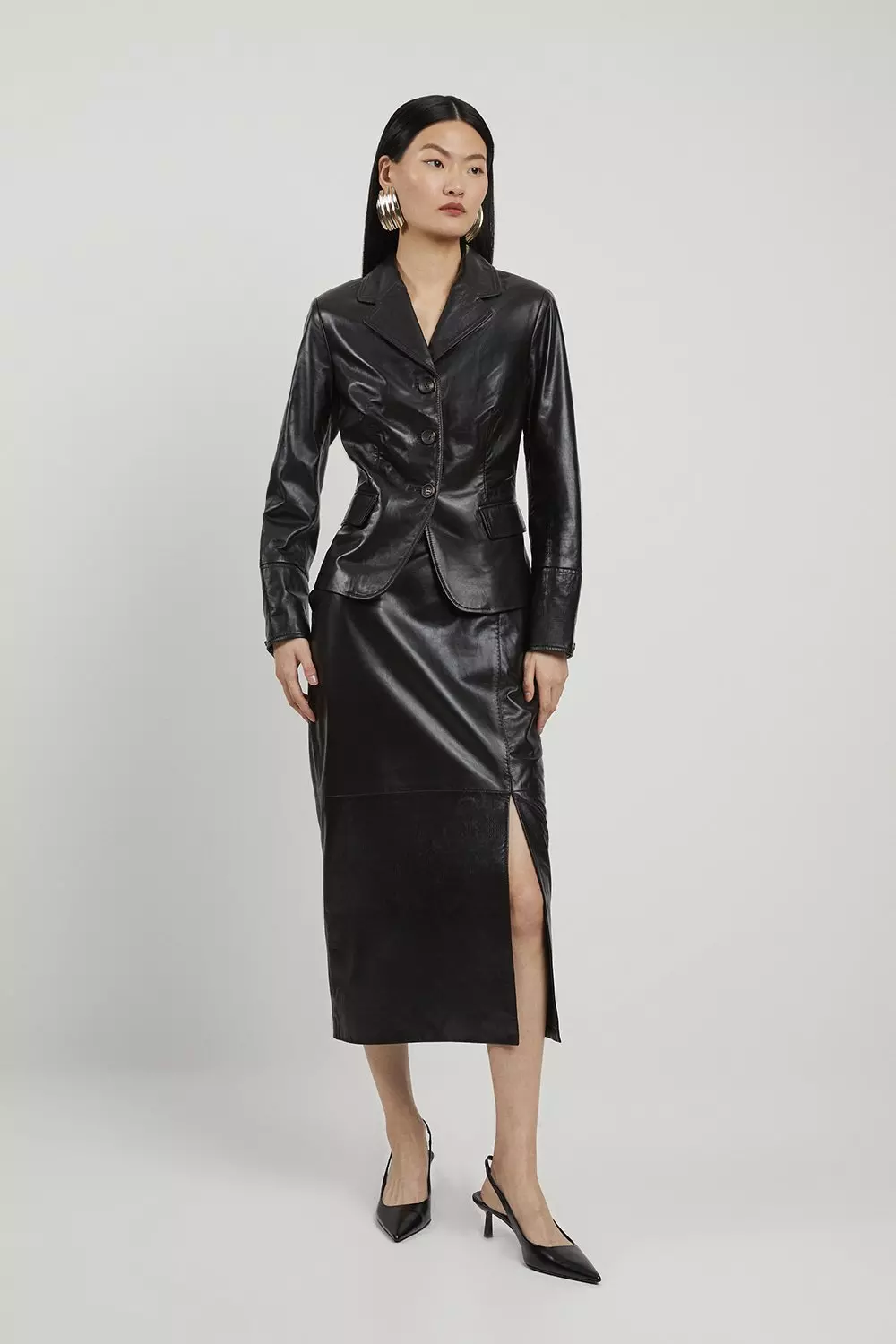 国内発・関税込【KAREN MILLEN】フェイクファーレザージャケット Leather Single Breasted Tailored Blazer | Karen Millen