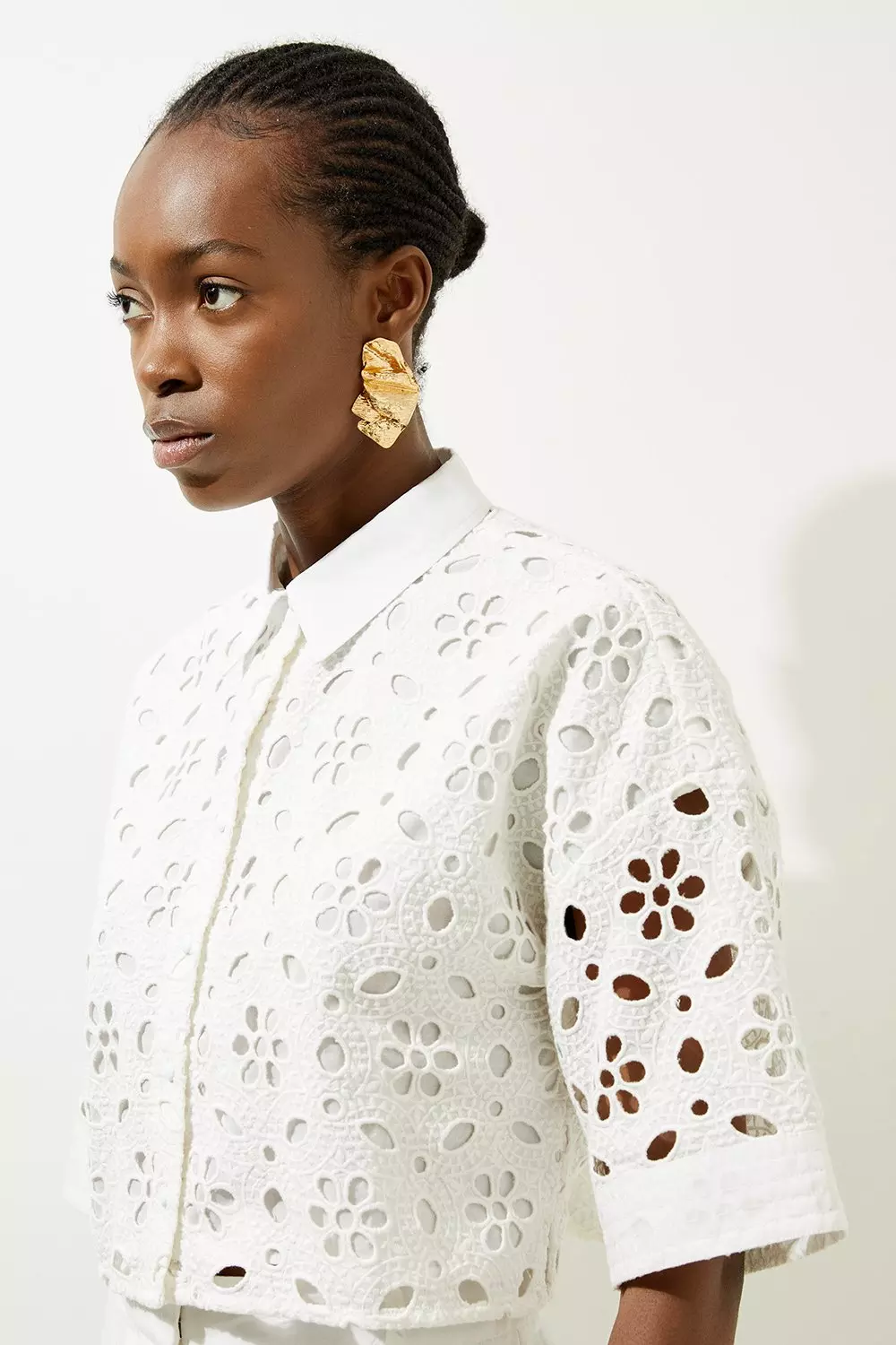 Embroidered Linen Woven Cropped Shirt | Karen Millen