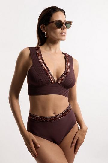 Bandage Embellished Trim Cut Out Bikini Top chocolate