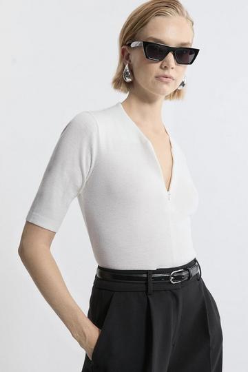 Cashmere Blend Zip Detail Knit Polo Top ivory