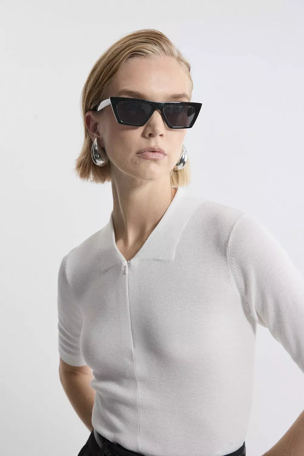 Cashmere Blend Zip Detail Knit Polo Top | Karen Millen