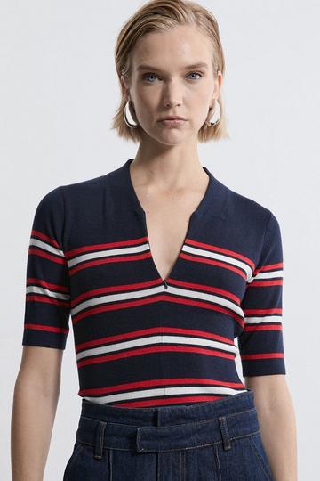 Cashmere Blend Zip Detail Stripe Knit Polo Top stripe