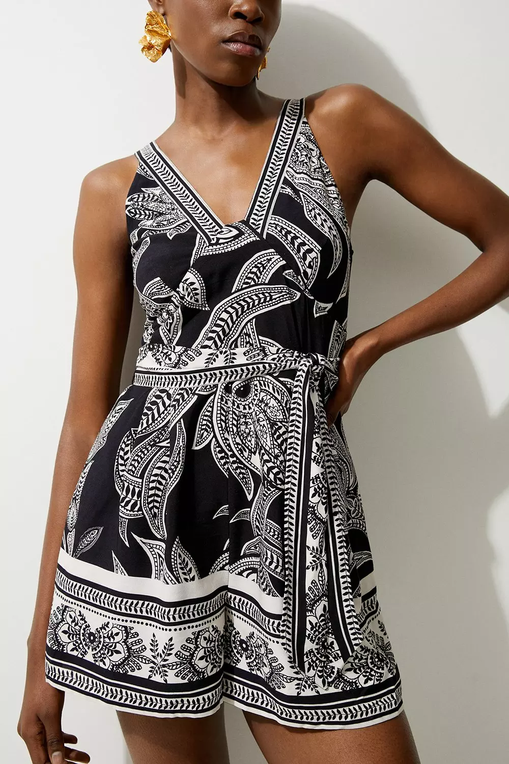 Mono Floral Printed Viscose Woven Romper | Karen Millen