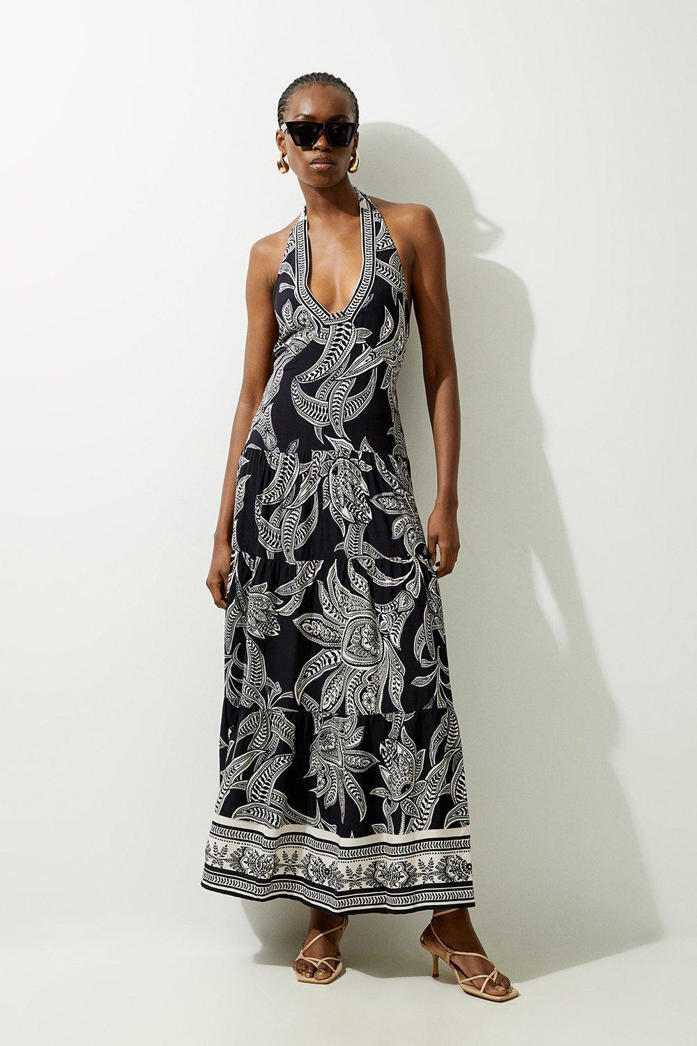 Mono Floral Printed Viscose Woven Halter Maxi Dress - Discount £30