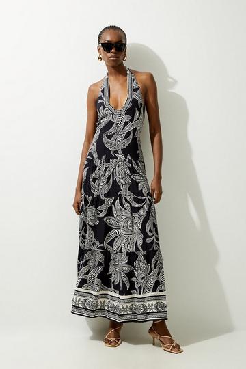 Mono Floral Printed Viscose Woven Halter Maxi Dress mono