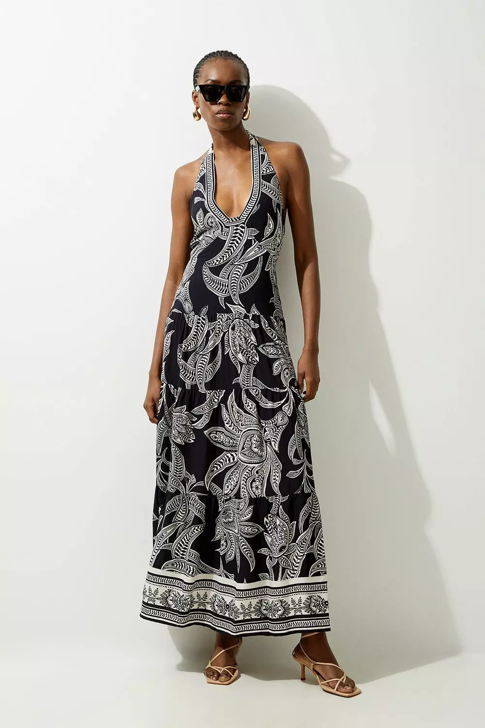 Mono Floral Printed Viscose Woven Halter Maxi Dress Karen Millen