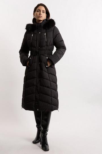 Tall Faux Down Padded Belted Hooded Puffer Coat black