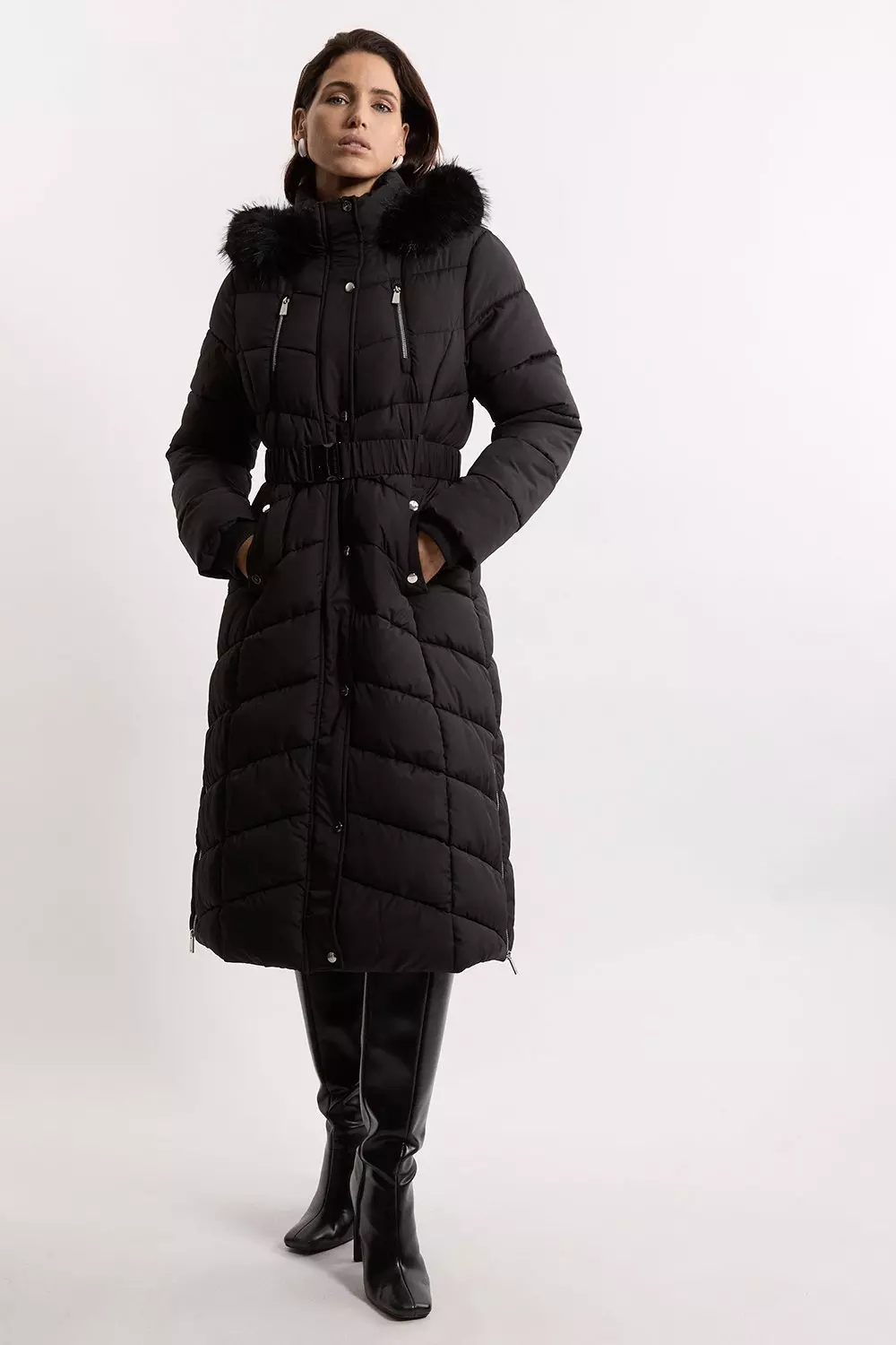 Tall Faux Down Padded Belted Hooded Puffer Coat Karen Millen