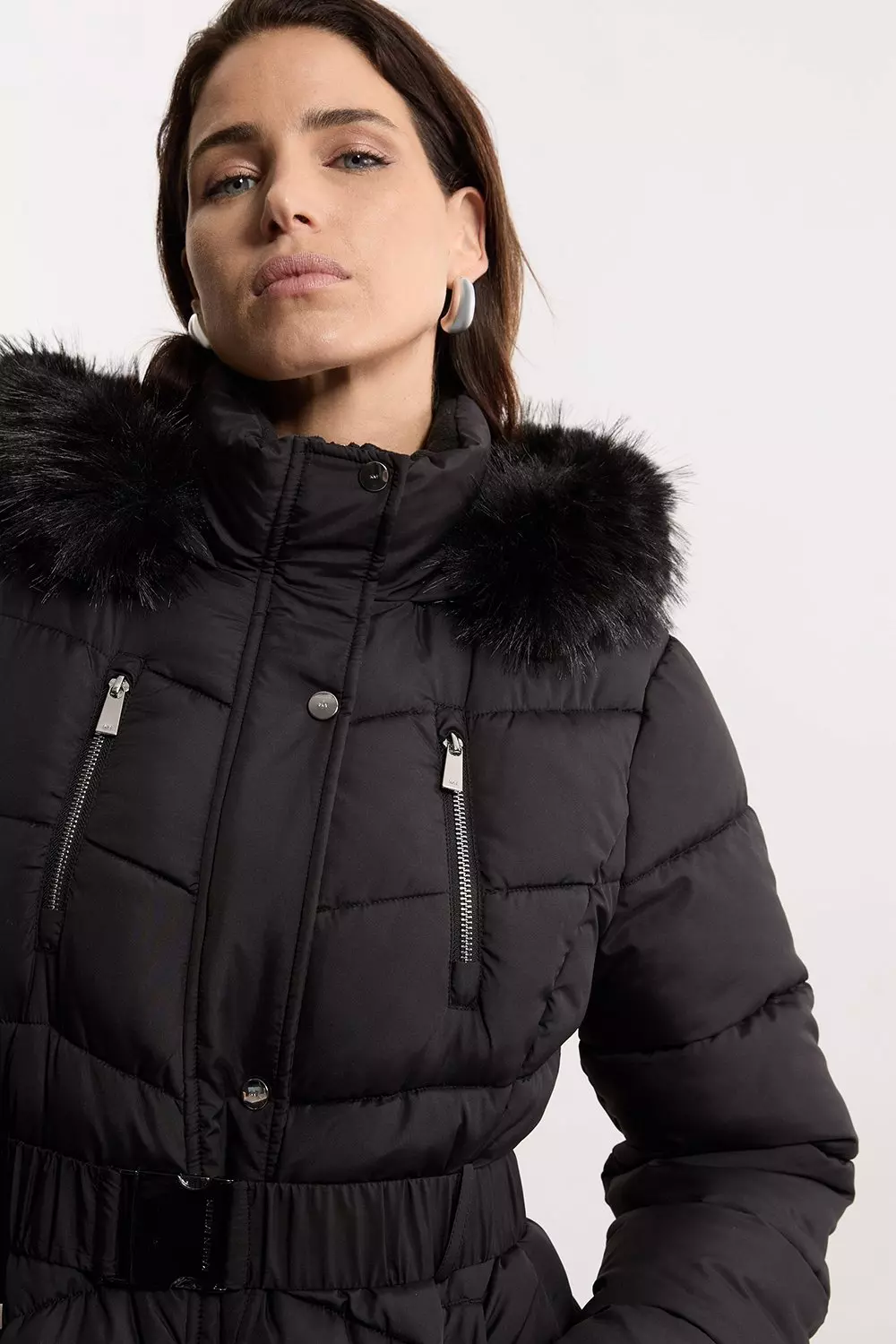 Tall Faux Down Padded Belted Hooded Puffer Coat Karen Millen