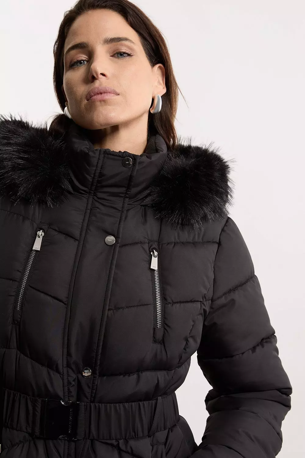 Faux Down Padded Belted Hooded Puffer Coat Karen Millen