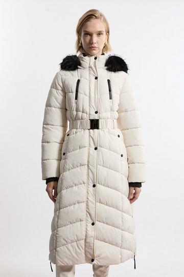 Faux Down Padded Belted Hooded Puffer Coat mono