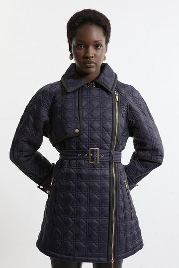 Navy Diamond Quilted Belted Short Puffer Trench Jacket