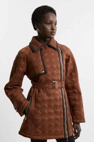 Diamond Quilted Belted Short Puffer Trench Jacket tan